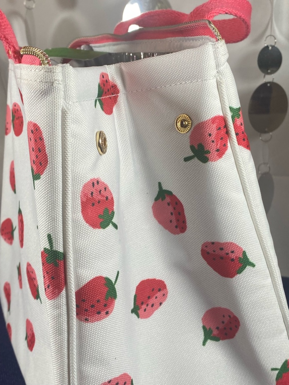 Kate Spade ♠️ White Canvas Strawberry Lunch Tote with Pink and Green accents - Picture 7 of 10